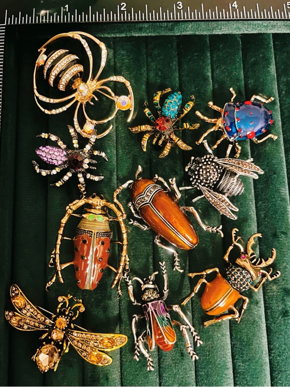 Lot 10 Vintage Insect Brooch Pins Spider Beetle Bug Rhinestone Enamel Statement